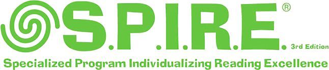 A green and white logo for spire specialized program individualizing reading excellence