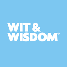 The logo for wit & wisdom is white on a blue background.