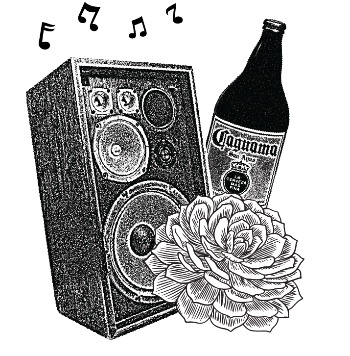 A black and white drawing of a speaker a bottle of caguama and a flower