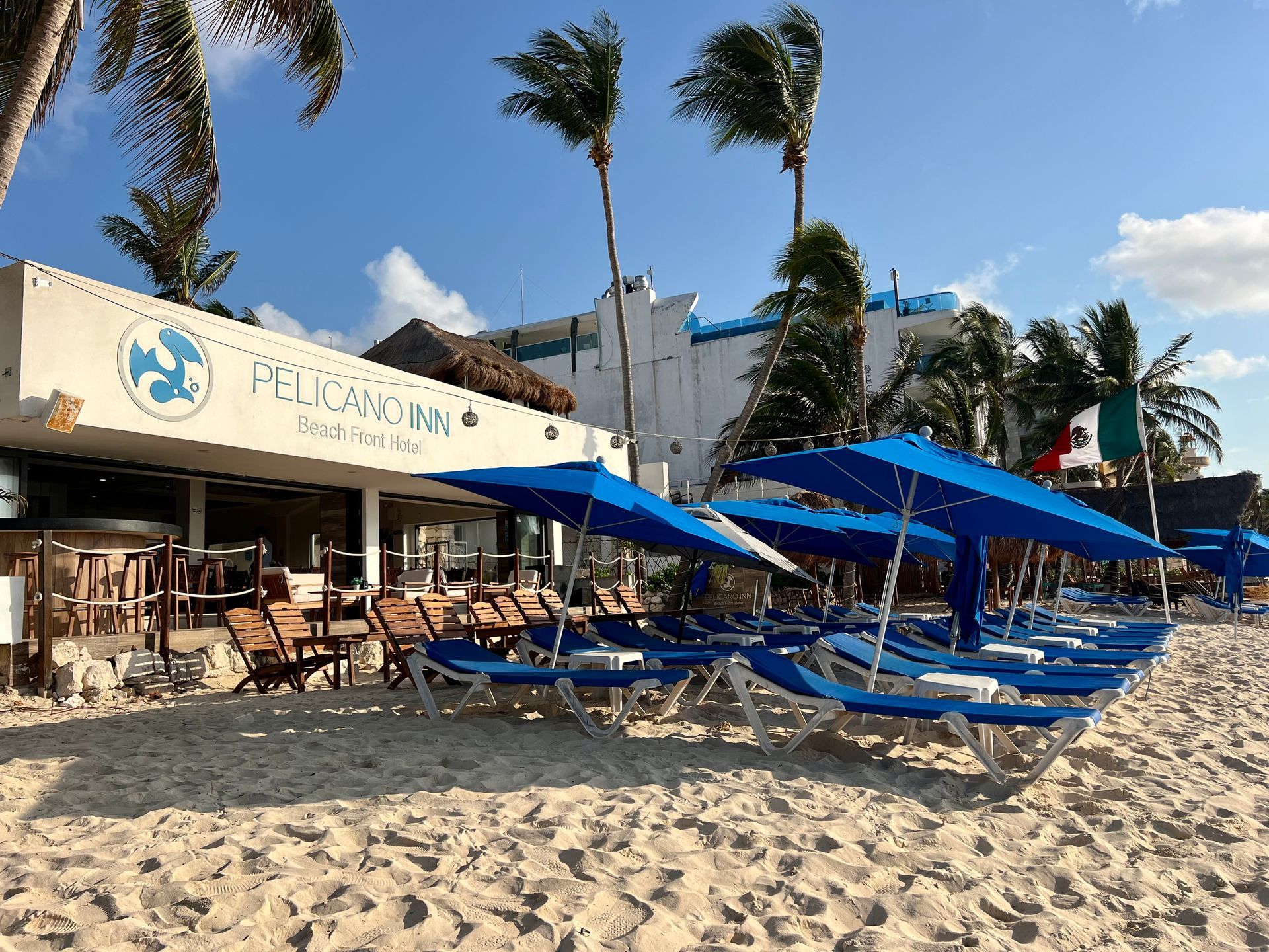 Una playa con sillas azules y sombrillas frente a un edificio.