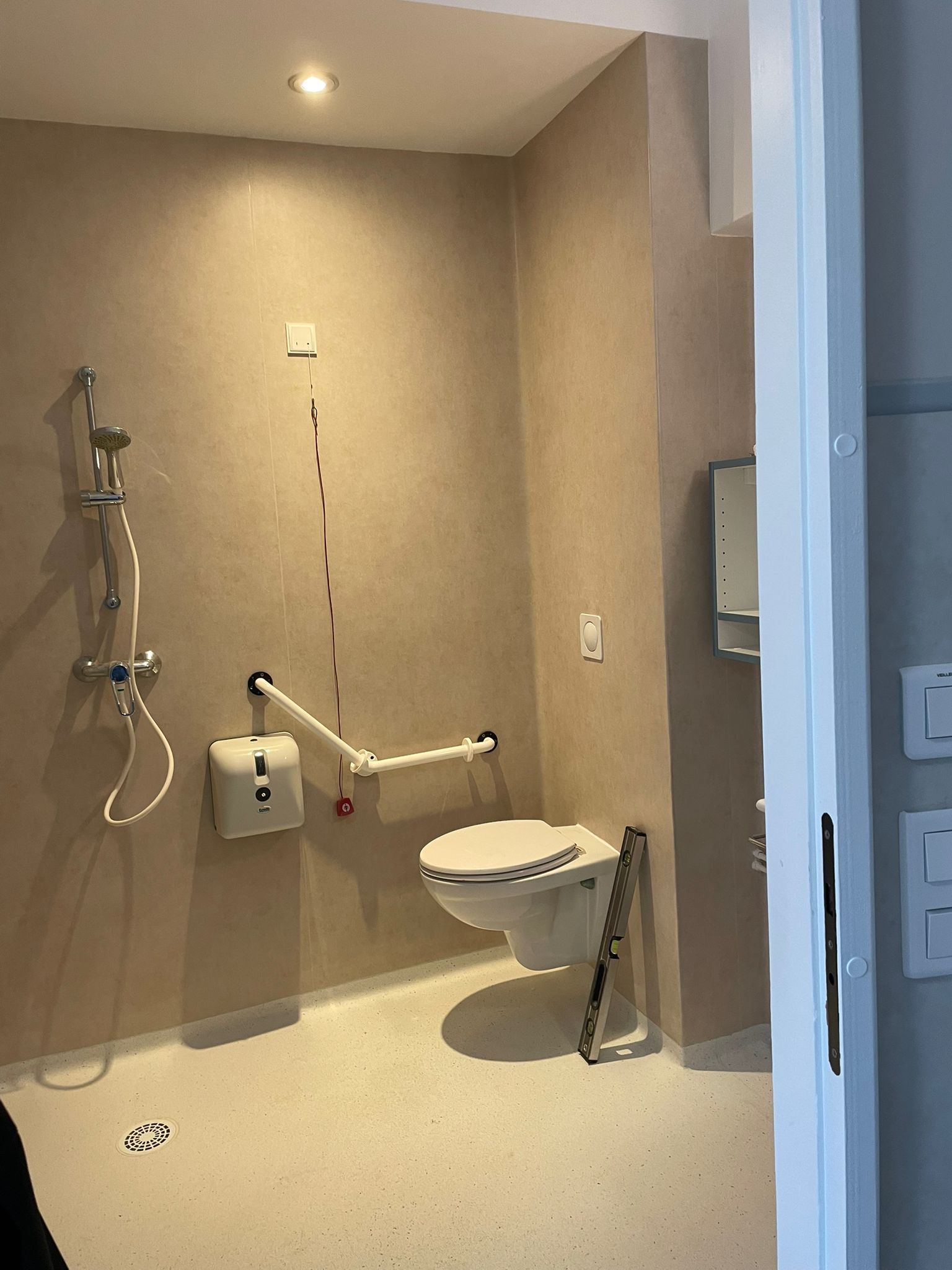 Une salle de bain avec WC, douche et rampes.