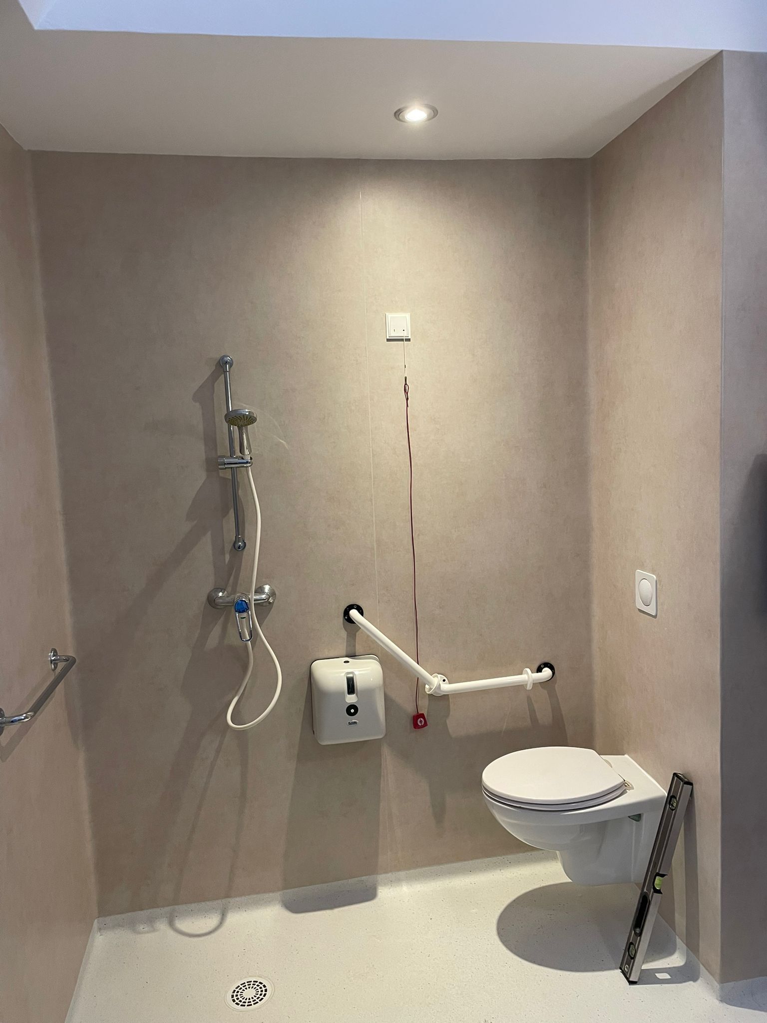 Une salle de bain avec WC, douche et rampes.
