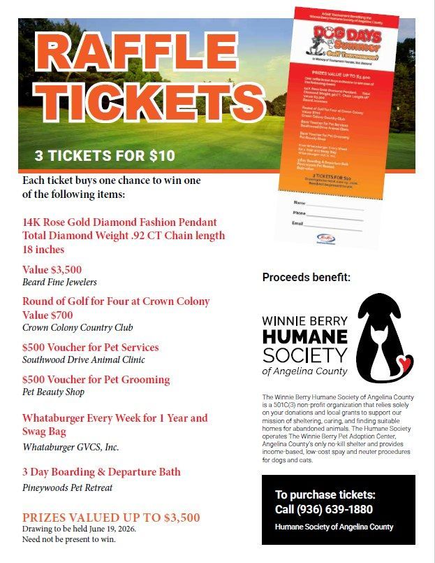 Raffle tickets flyer for Wineberry Humane Society, orange and white, with prize list and buy-ticket details