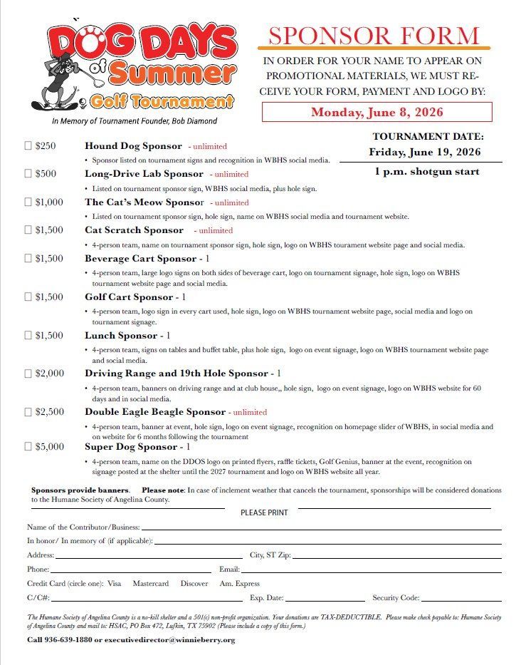 Dog Days of Summer sponsor form flyer with event details and sponsor options, featuring a dog-themed logo.