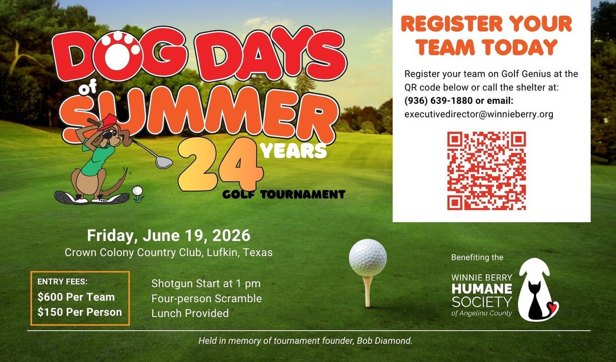 Dog Days of Summer 24 golf tournament flyer with dog mascot, date, and registration QR code