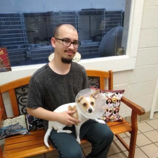 Man with glasses sits holding a dog wearing a cone, at an animal shelter.