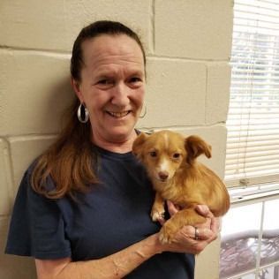 Woman holding a small brown dog, smiling. Indoors, against a beige wall.