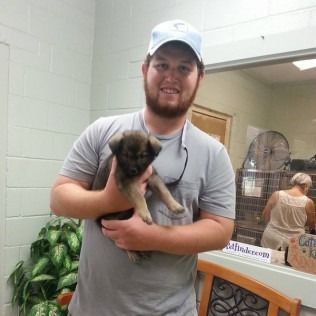 Man holding small puppy at an animal shelter. Green plants, fan, and counter in background.