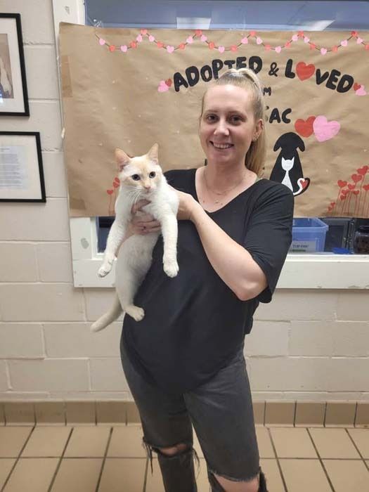 Woman holding a white and cream cat. They are in an adoption center. Sign reads