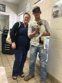 Woman and man holding a white and brown cat in a vet's office, smiling.