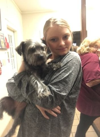 Woman holding a small, scruffy dog indoors. A second person is partially visible in the background.