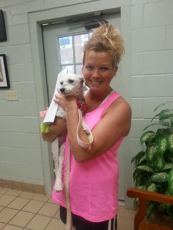Woman in pink tank top holding a small white dog with a ribbon; indoors, smiling.