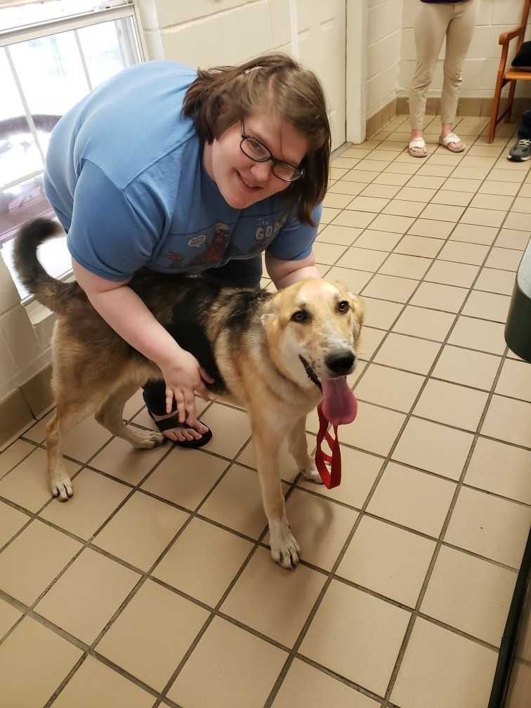 Woman smiles, petting a tan and black dog indoors. Tile floor, red leash.
