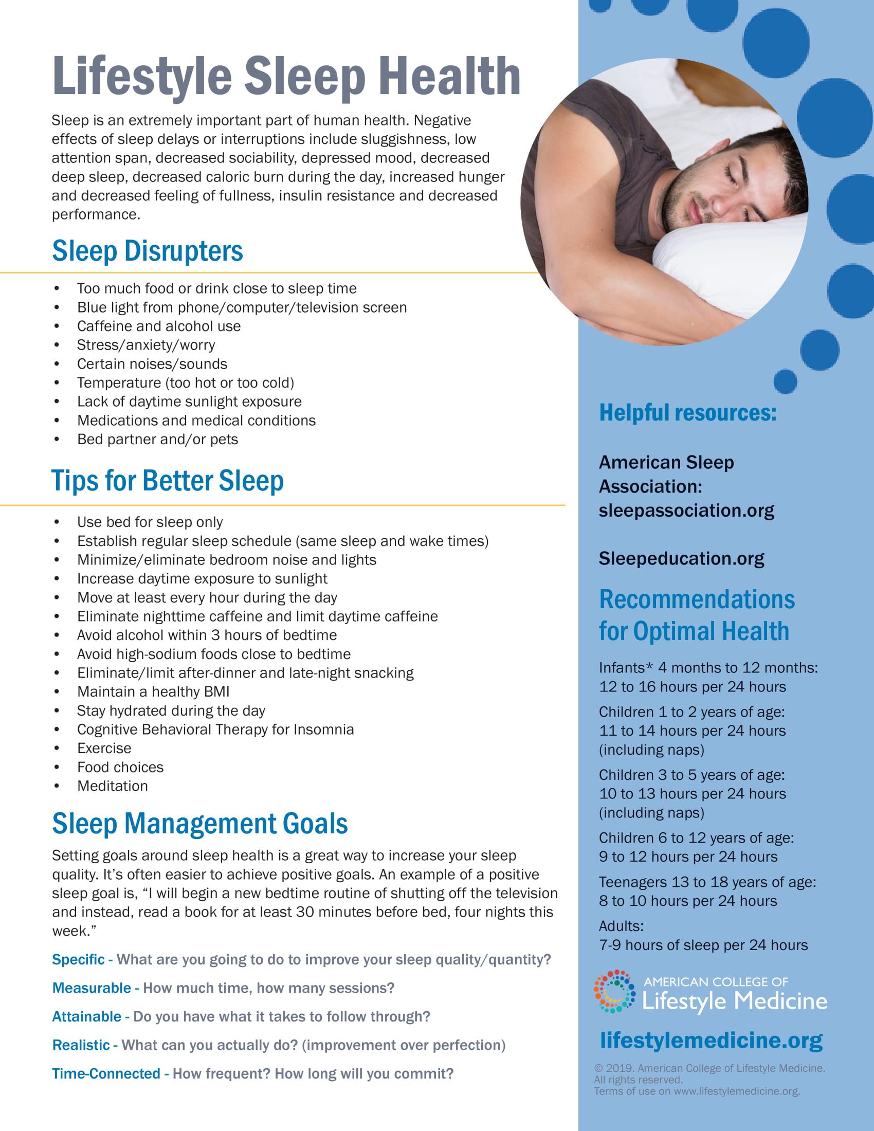 Informative infographic about lifestyle sleep health, tips for better sleep, and sleep management goals. Features a sleeping man.