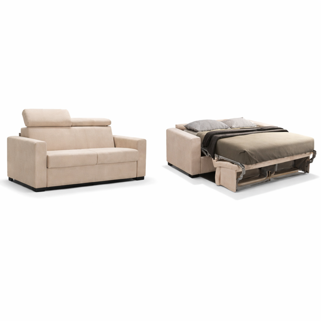 Un divano letto beige, mostrato sia in posizione verticale che aperto a letto, su sfondo bianco.