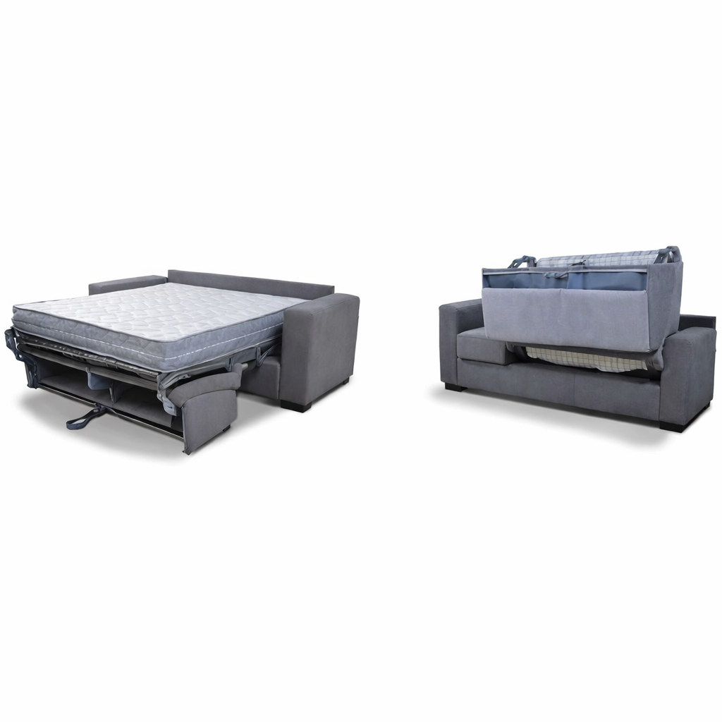 Un divano letto grigio mostrato in due configurazioni: completamente esteso come materasso e parzialmente ripiegato a mo' di divano.