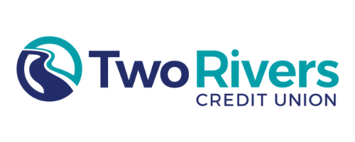 The logo for two rivers credit union is blue and white.