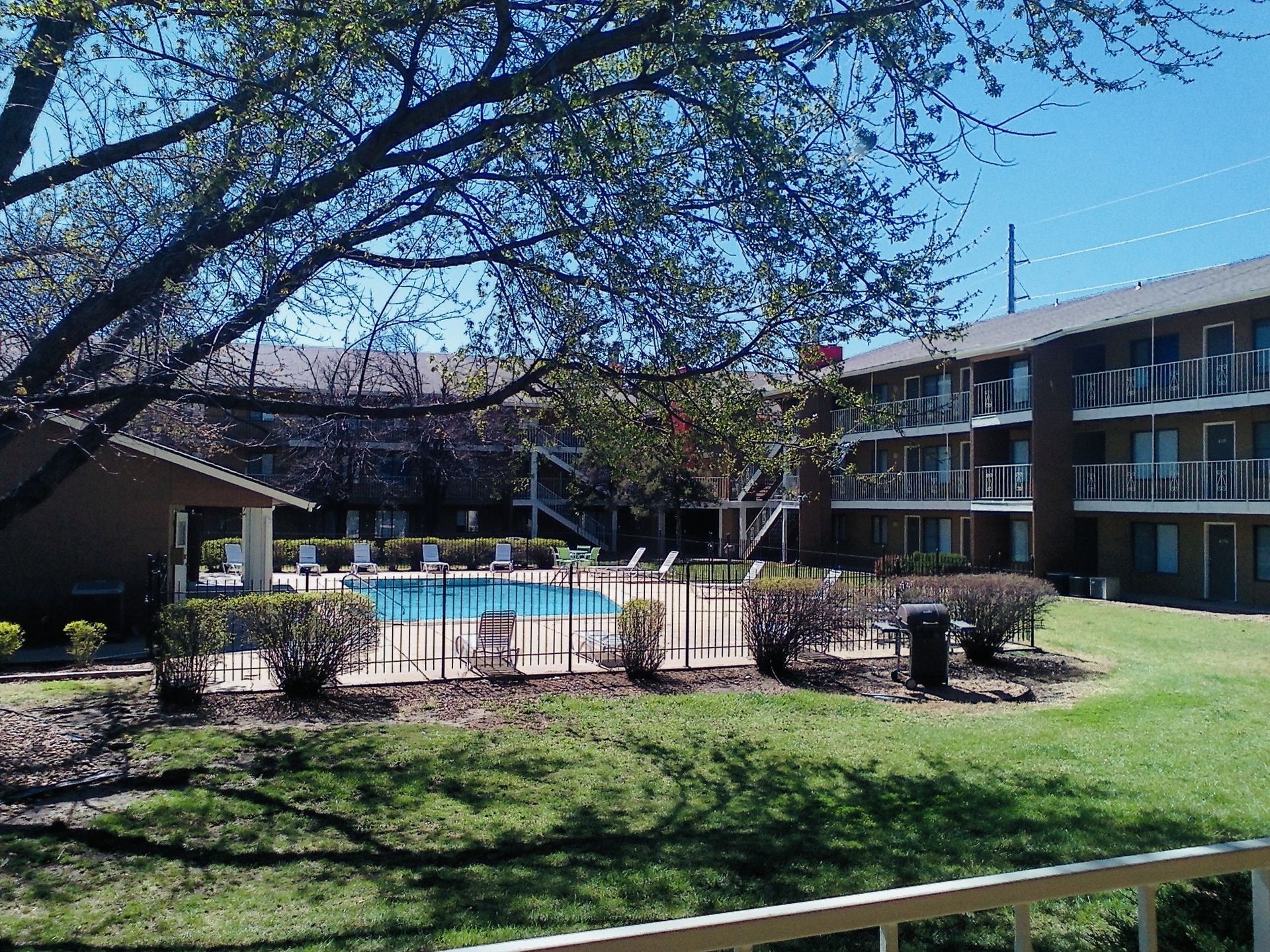 Apartment complex with a pool, shrubs, and trees on a sunny day.