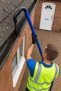 A man in a yellow vest is cleaning a gutter on the side of a house.