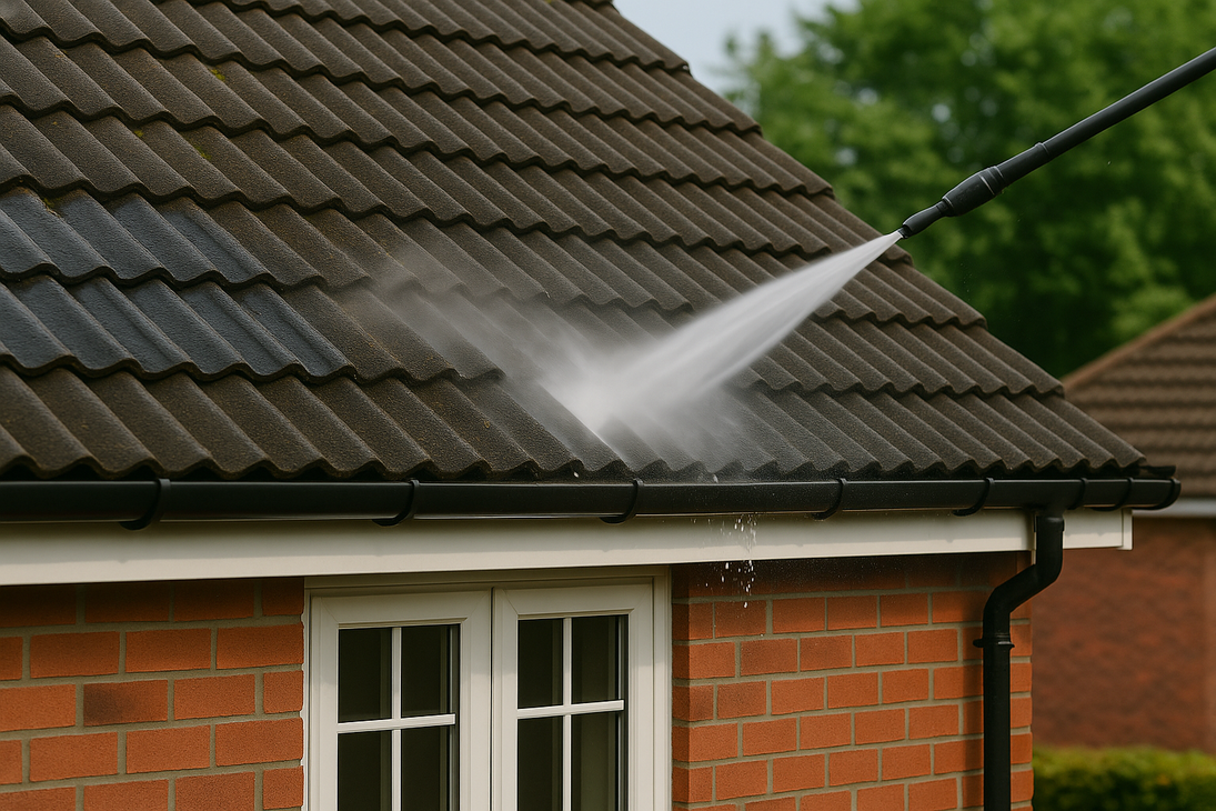 A person is cleaning the roof of a house with a high pressure washer.