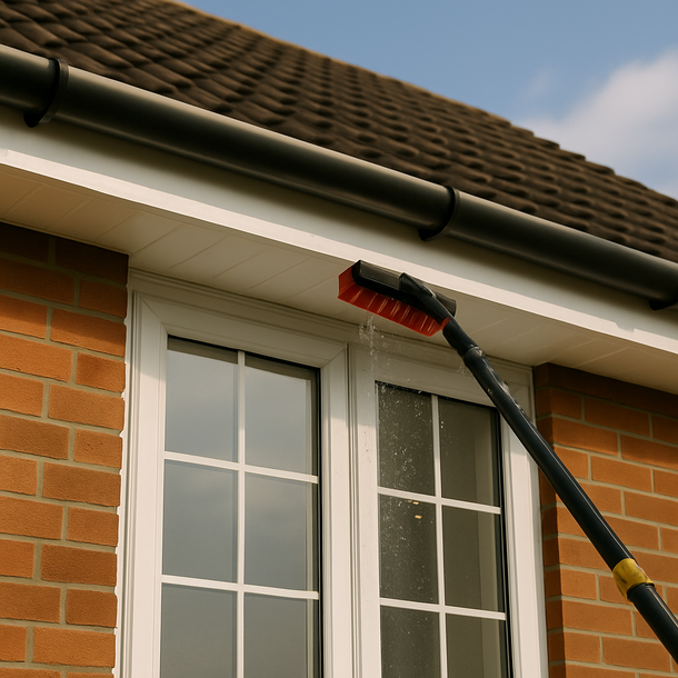 A window is being cleaned with a brush attached to it