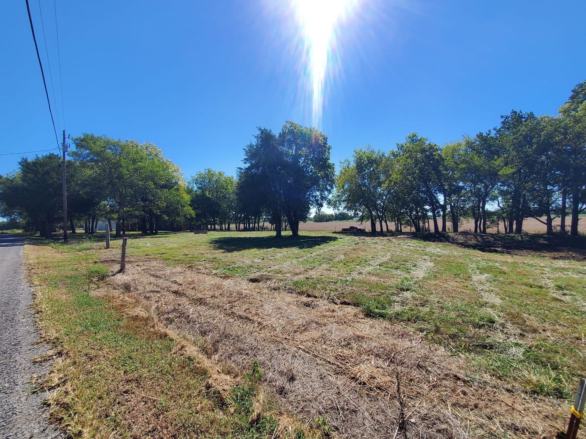 A dirt road going through a grassy field with trees in the background.