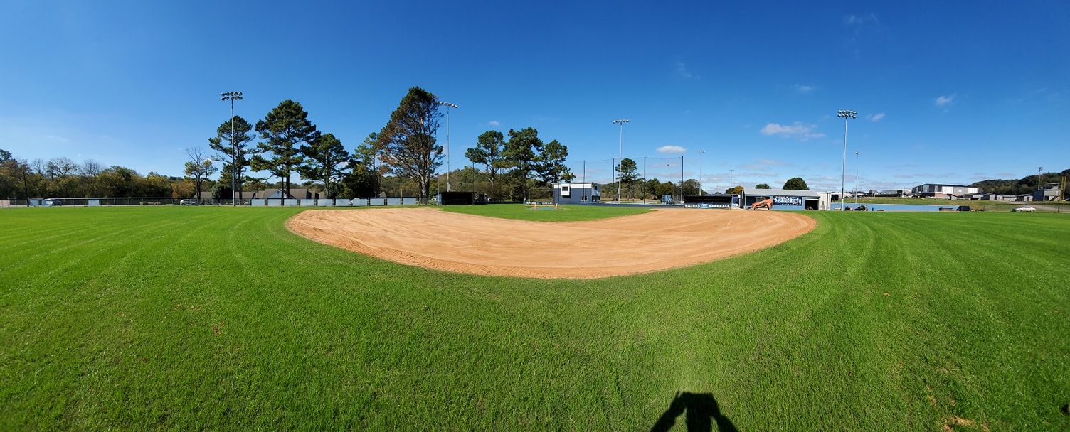 A baseball field with a curve in the middle of it and trees in the background.
