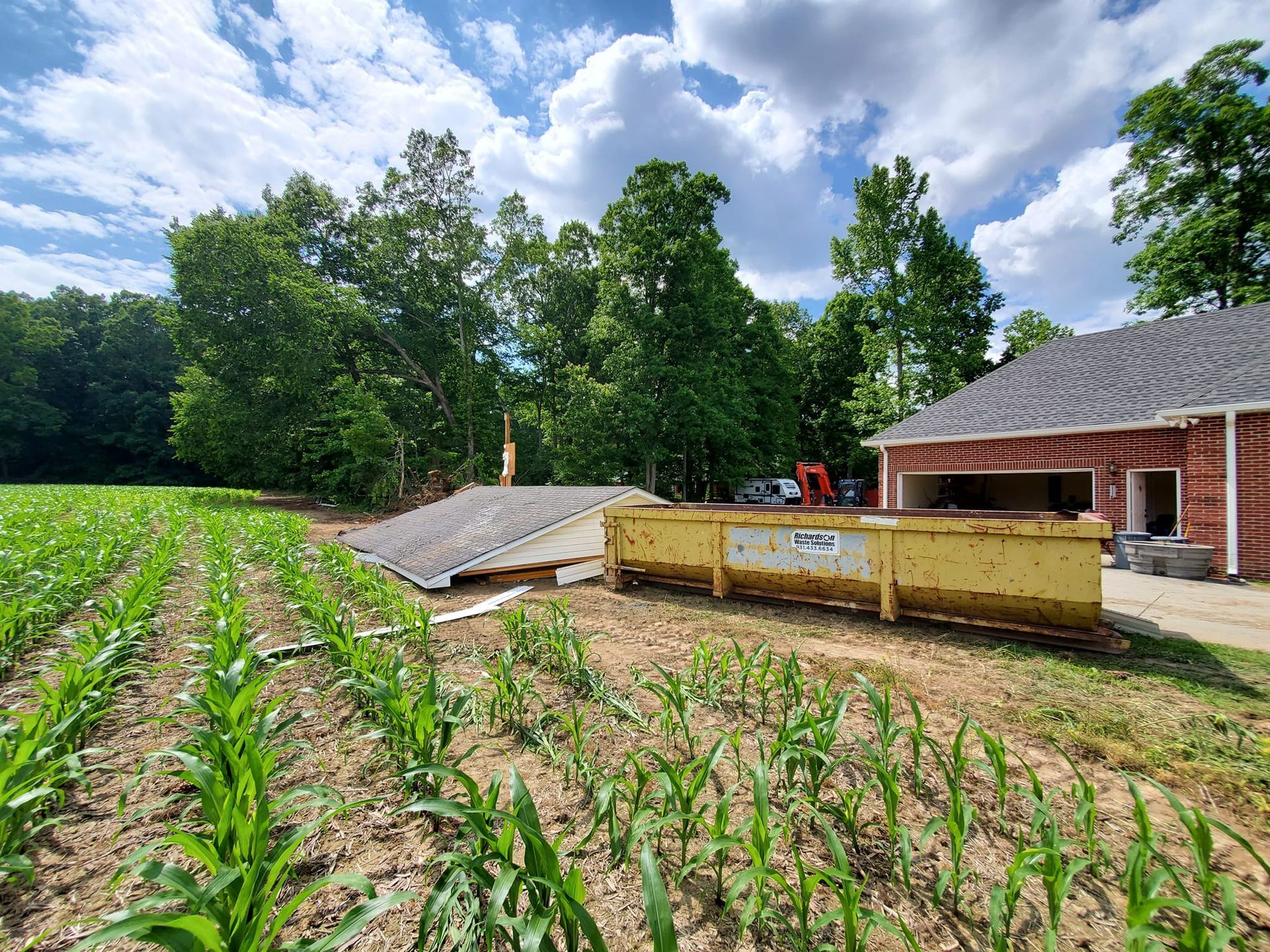 A large yellow dumpster is sitting in the middle of a corn field.