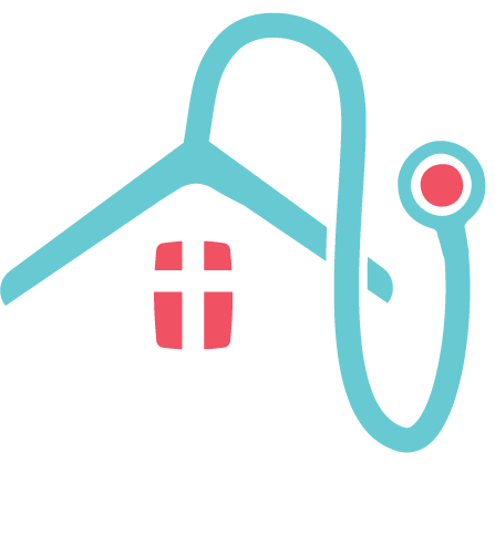 A stethoscope is connected to a house with two windows.