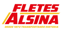 Logotipo de la empresa Fletes Alsina en rojo y amarillo sobre un fondo blanco.