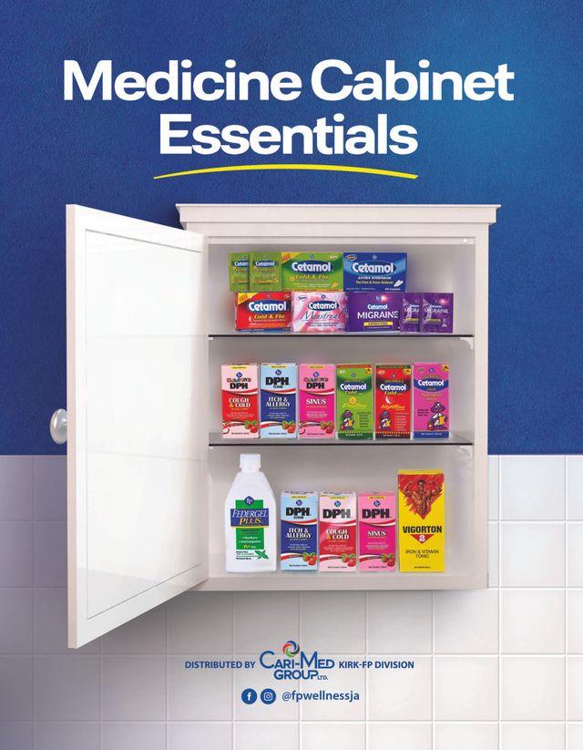 Open medicine cabinet with colorful medicine boxes and bottles on shelves, labeled “Medicine Cabinet Essentials.”
