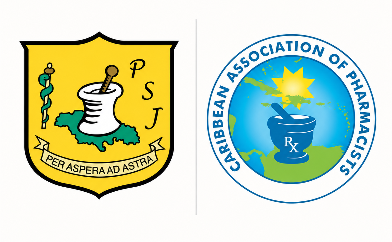 PSJ logo with pharmacy mortar and pestle beside Caribbean Association of Pharmacists emblem