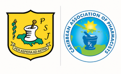 PSJ logo with pharmacy mortar and pestle beside Caribbean Association of Pharmacists emblem