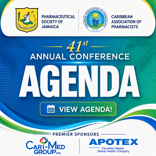 41st Annual Conference agenda poster with blue background and “View Agenda” button, sponsored by Pharm Soc Jamaica and CAPA