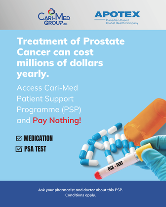 Prostate cancer treatment ad with blue background, capsules, and syringe; promotes Access Car-Med patient support program.
