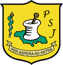 Yellow shield crest with mortar and pestle, green map, letters PSJ, and banner reading “Per Aspera Ad Astra”