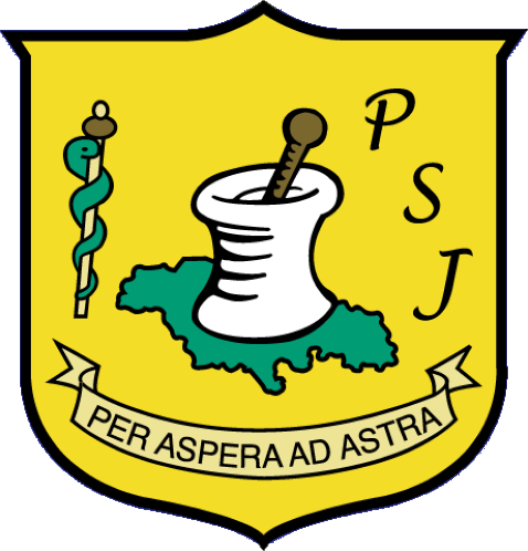 Yellow shield crest with mortar and pestle, green map, letters PSJ, and banner reading “Per Aspera Ad Astra”