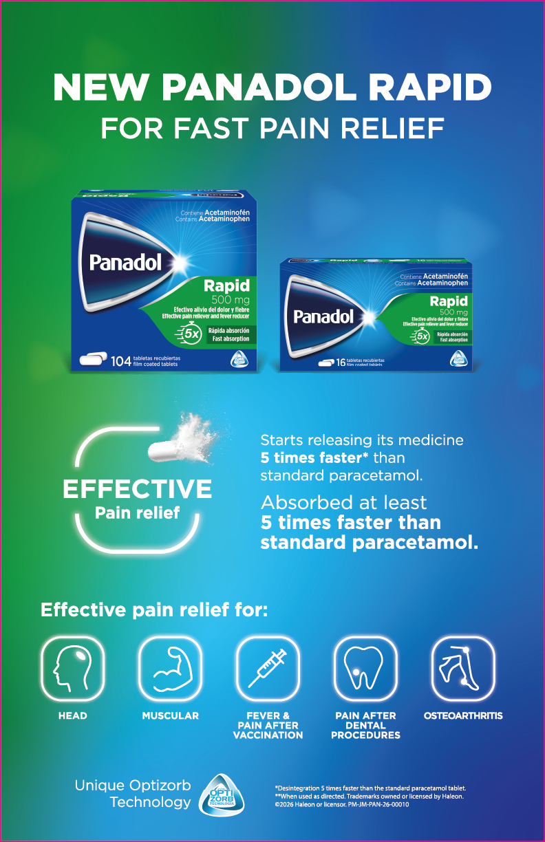 Panadol Rapid pain relief ad with blue-green boxes, bold white text, and pain symptom icons