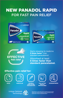Panadol Rapid pain relief ad with green-blue boxes, highlighting fast, effective relief and pain types