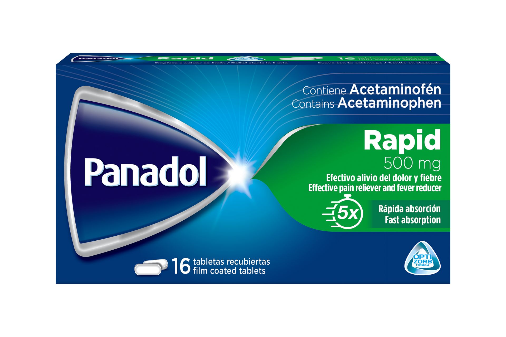 Panadol Rapid acetaminophen box, blue and green packaging, 16 tablets