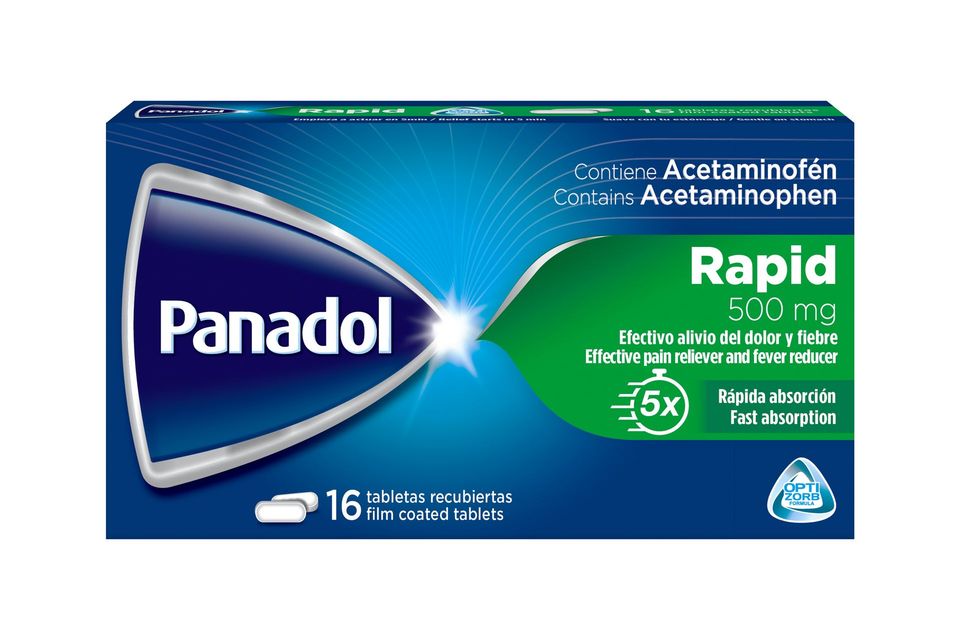 Panadol Rapid acetaminophen box, blue and green packaging, 16 tablets