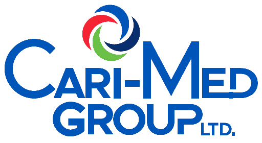 Cari-Med Group LTD logo in blue with red, green, and blue swirl emblem