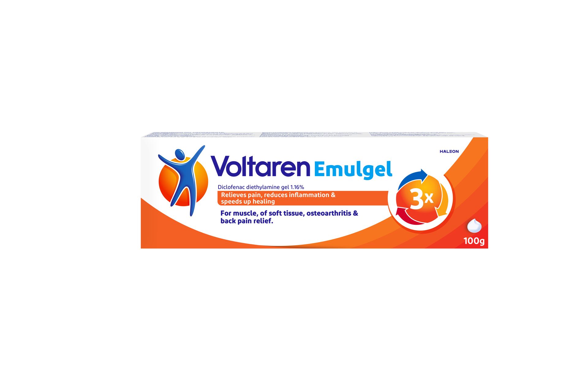 Voltaren Emulgel pain relief gel box, white with orange accents and 3x badge