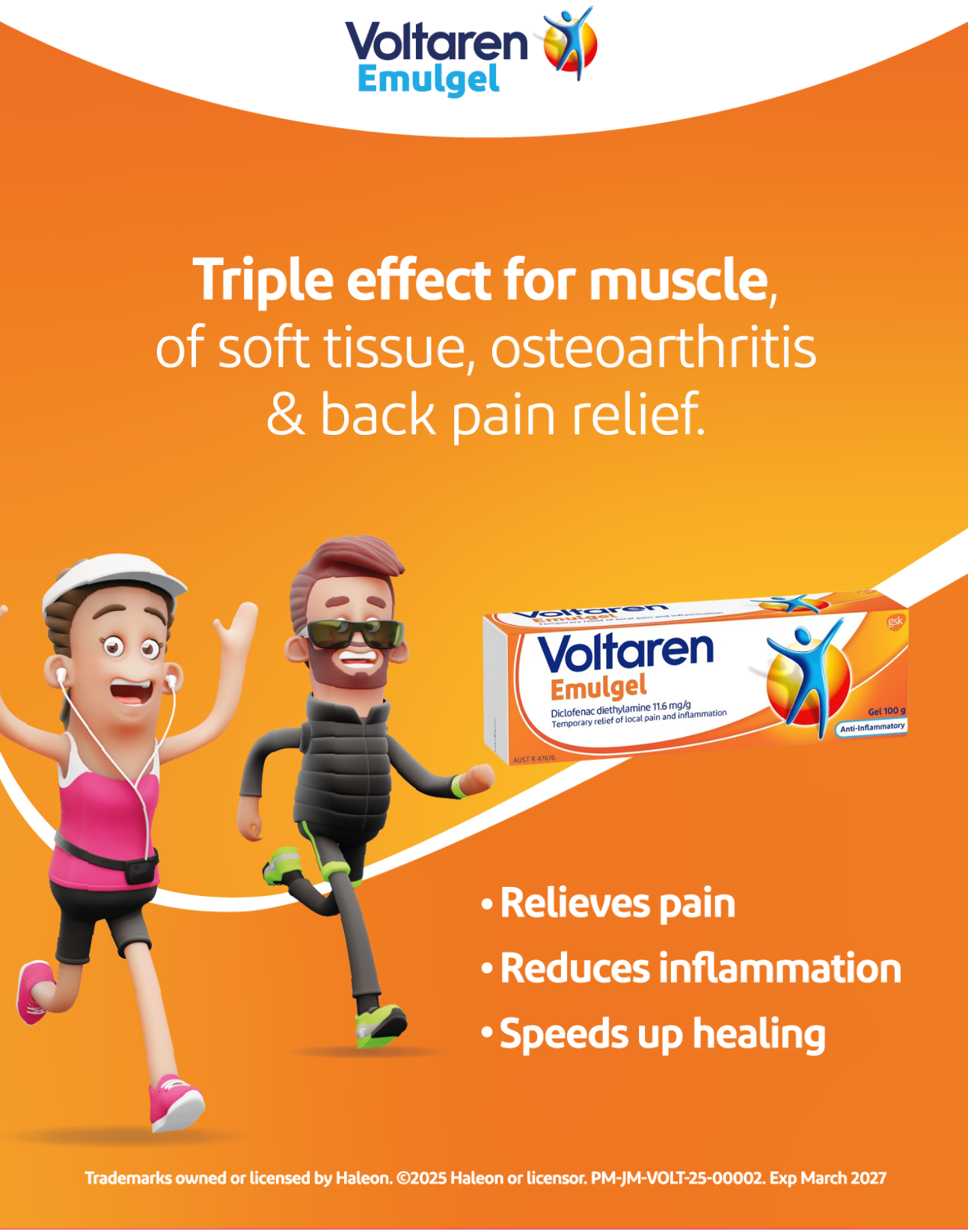 Voltaren Emulgel ad with runners on orange background, promising pain relief and faster healing