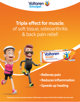 Voltaren Emulgel ad with two cartoon runners and pain-relief benefits on orange background
