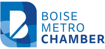 Logo for the Boise Metro Chamber featuring a blue, stylized letter B composed of overlapping shapes next to the text.