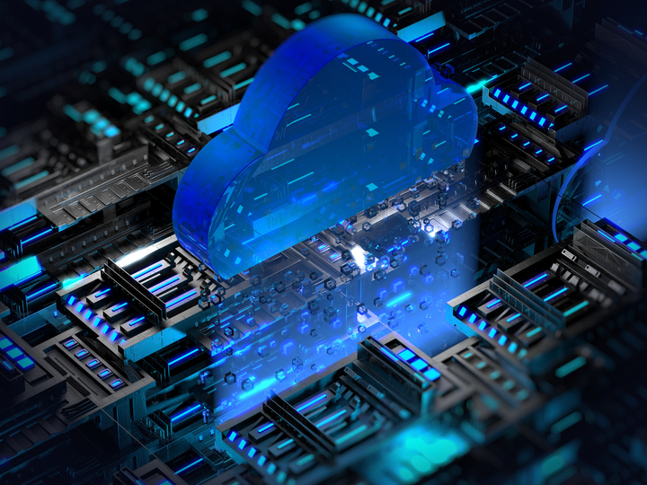 A translucent blue cloud icon floating above a dark, illuminated computer circuit board with glowing blue accents.