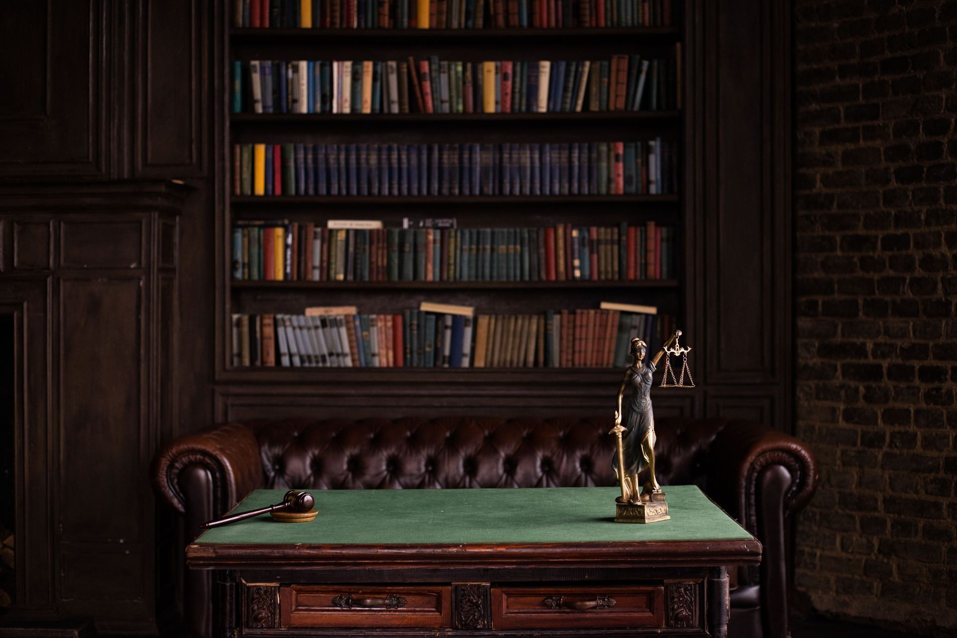 An attorney reviewing documents at a desk with shelves of legal volumes behind them.