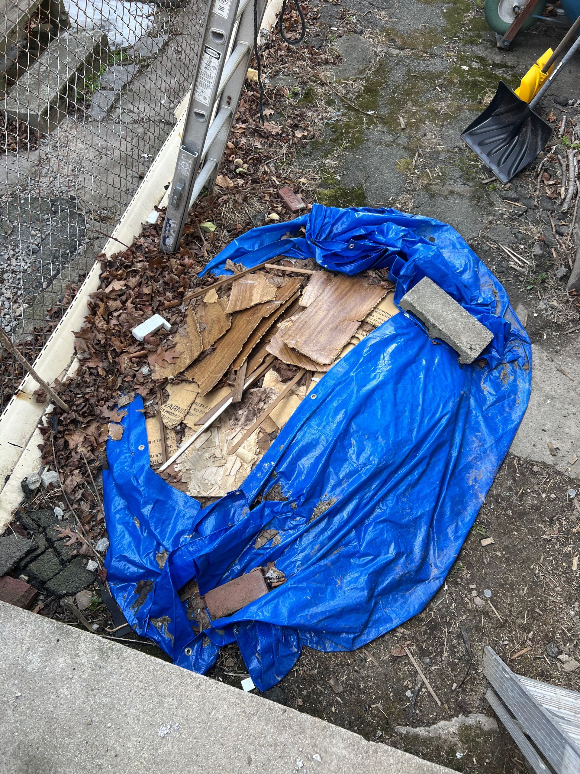 A pile of wood is covered in a blue tarp.