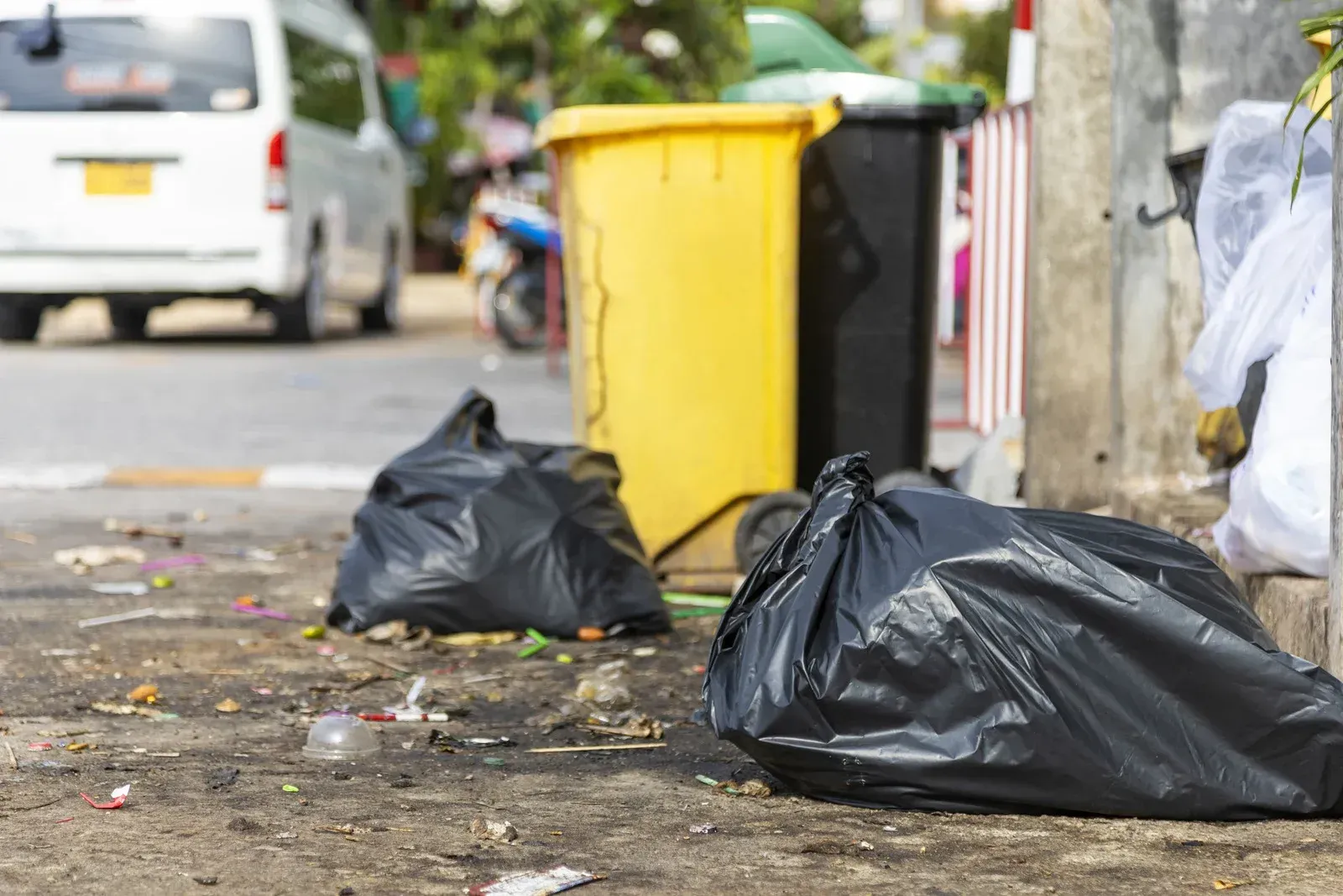 A bunch of trash bags are sitting on the side of the road.